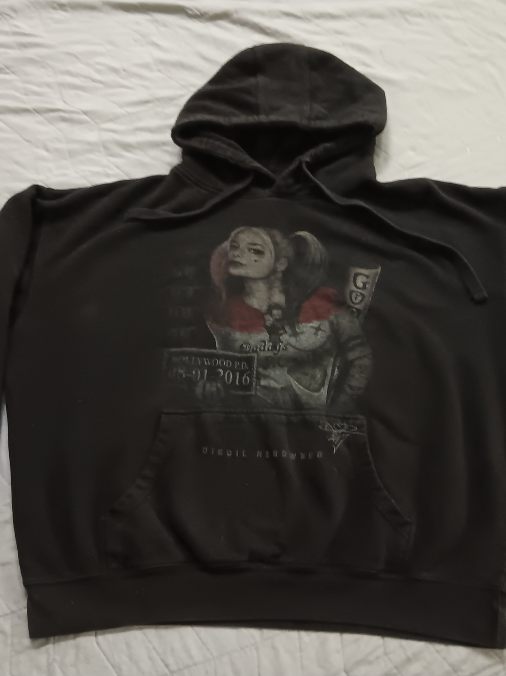 Womens size 2XL black DC Comics Harley Quinn Inmate mugshot Pullover Hoodie